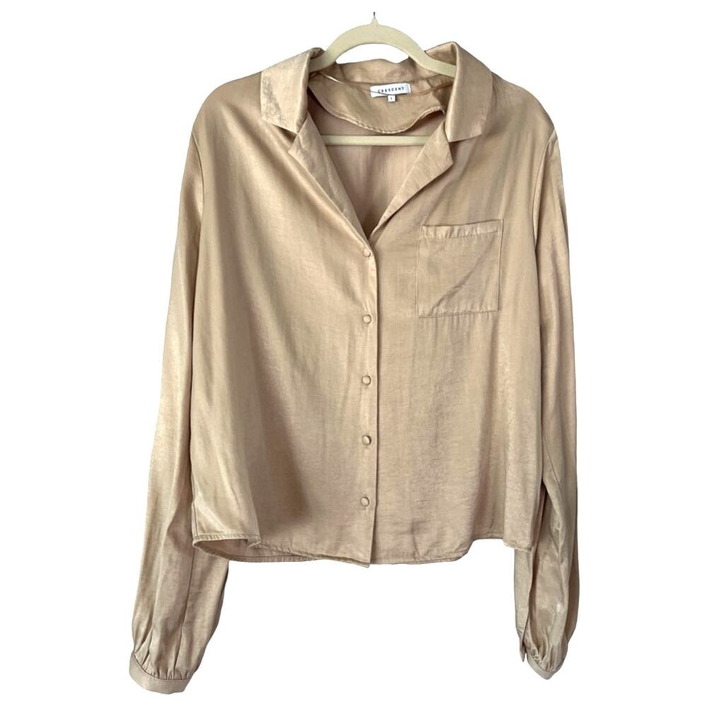 Crescent Tan Satin Look Button Down Blouse Long Sleeve Top Women's Size Large